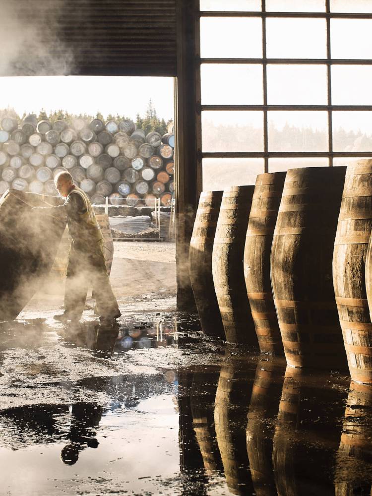 Male cooper working in cooperage with whisky casks